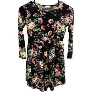 Arshiner Girls Floral Print Long Sleeve Dress Black With Multicolor Flowers